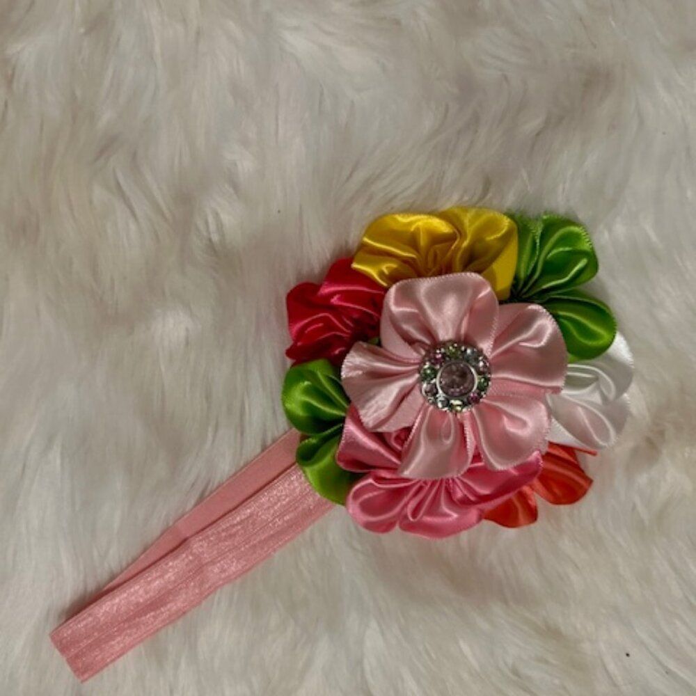 Pink 4" Satin Flower Cluster on FOE Headband   7455  Handmade NWT Boutique
